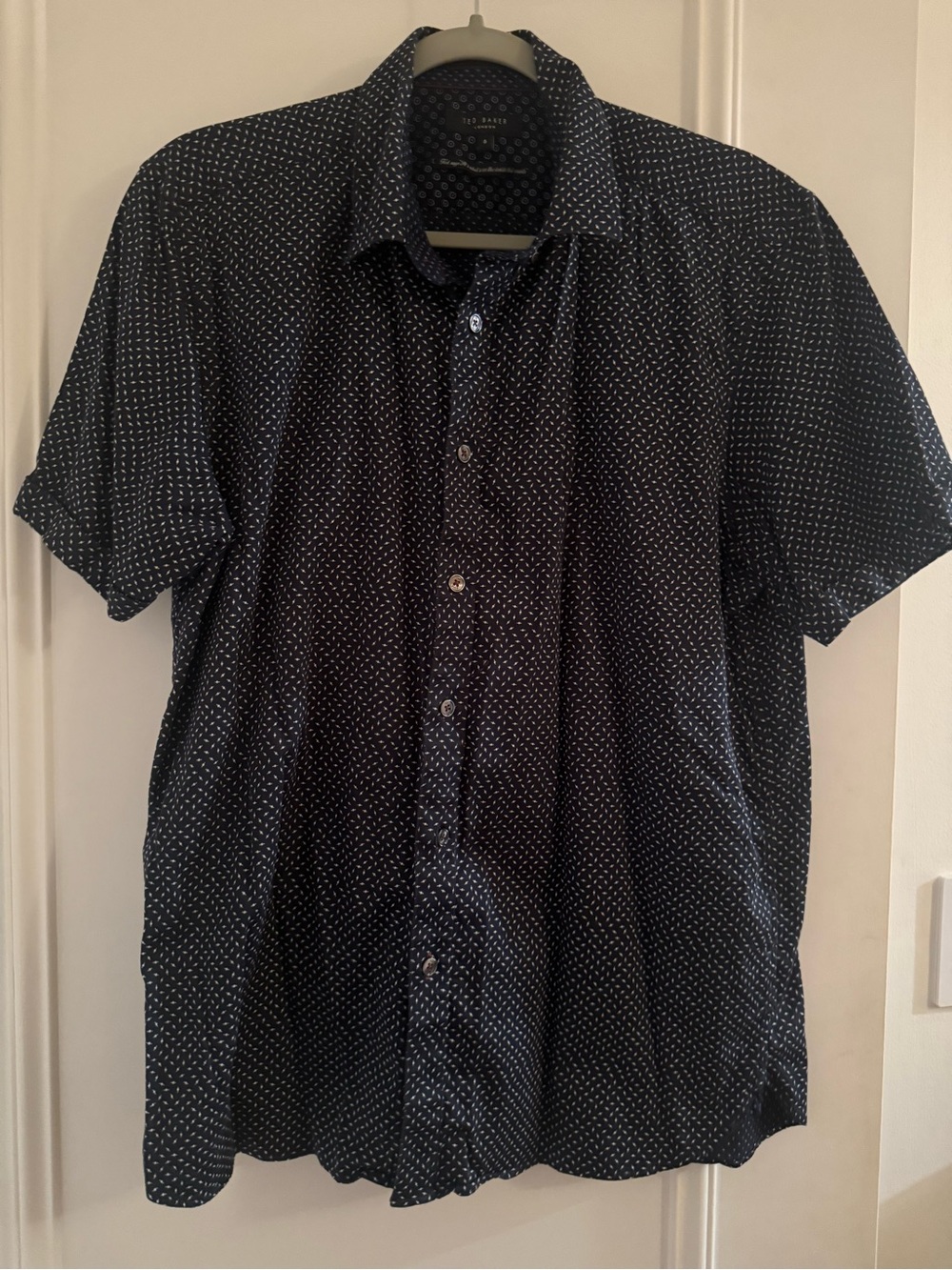 Ted Baker London Navy Button-Up Short Sleeve Shirt with White Micro Dot Print